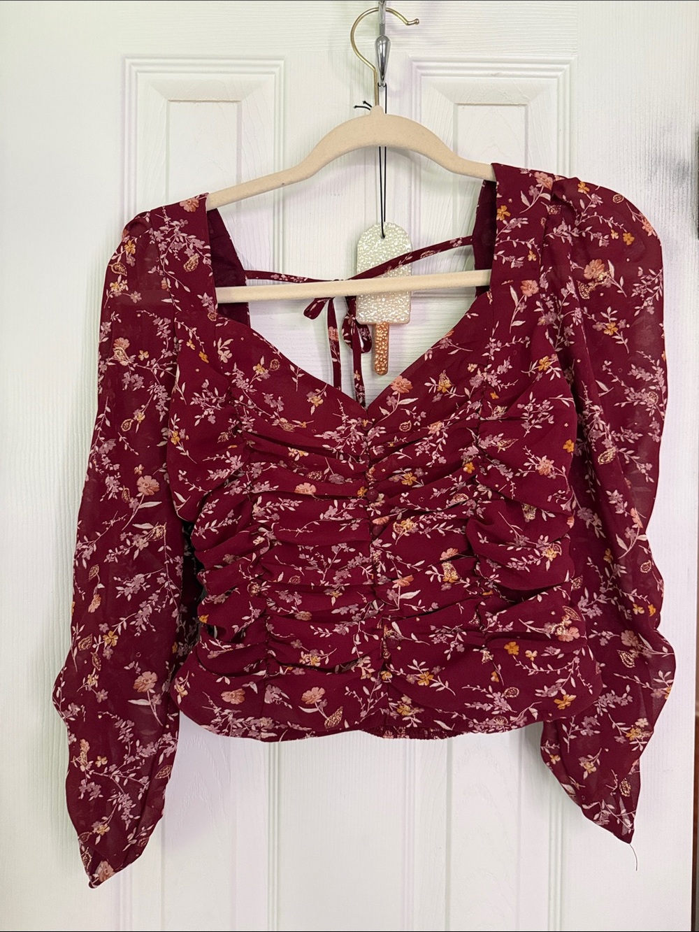 mine Burgundy Floral Ruched Tie-Back Peasant Blouse
